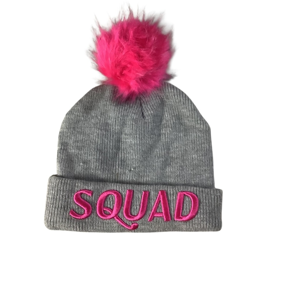 Squad Beanie Girls One Size Grey Pink Pom Pom Knit Winter Hat